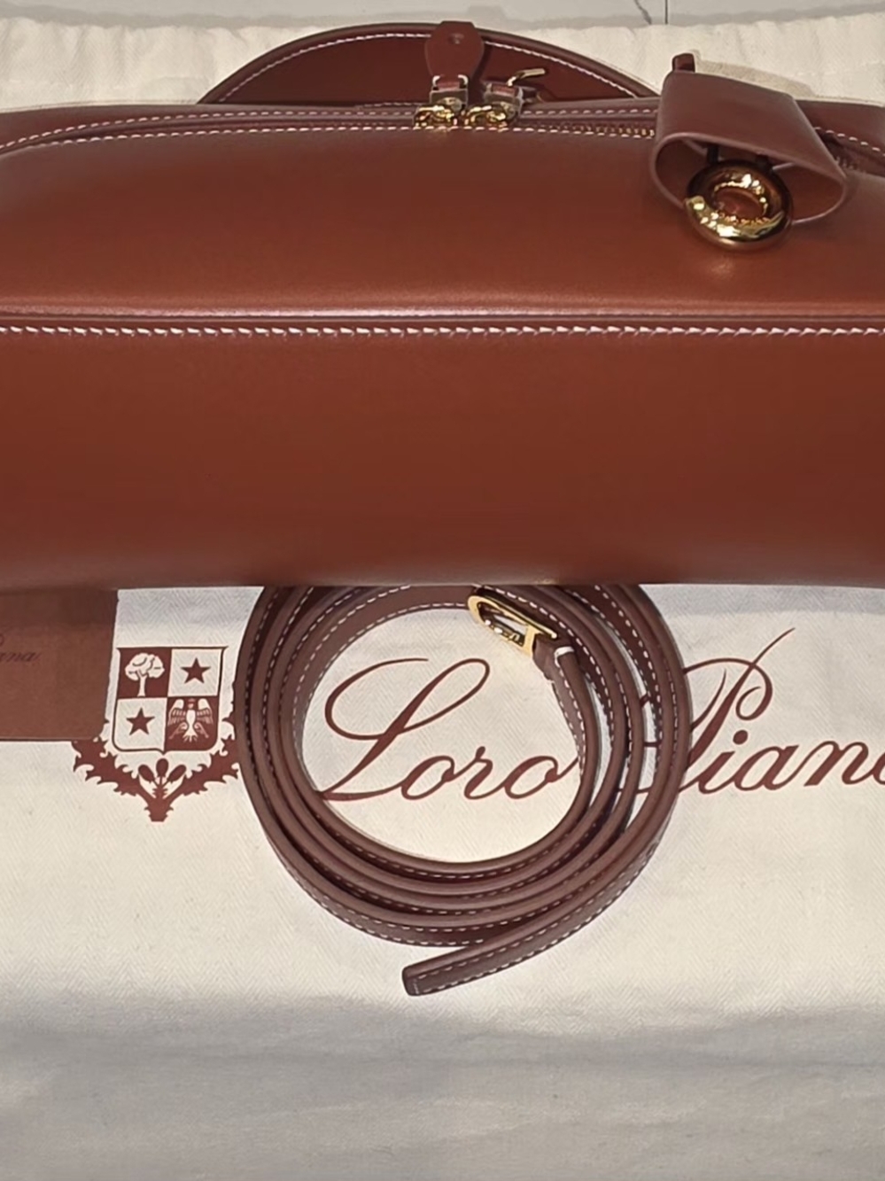 Loro Piana Chestnut Saddle Leather Top-Handle Satchel with Gold Hardware - Picture 10 of 13